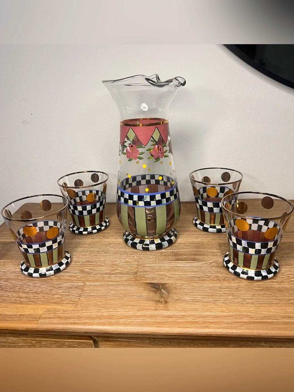 MacKenzie-Childs Hand-Painted 5-Piece Pitcher & Tumbler Set Courtly Check Floral